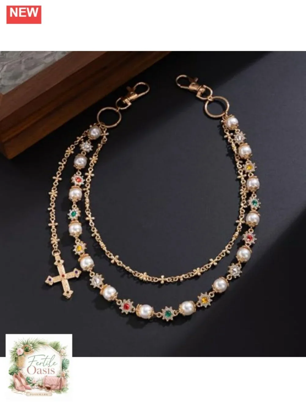 Layered Wallet Chain Pants Chain Rhinestone Flower Pearl Jean Pocket Chain